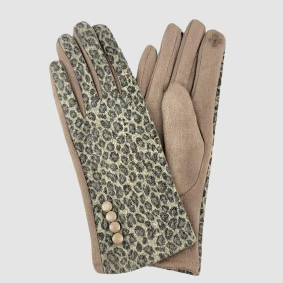 Women's Winter Fashion Gloves Leopard Print Faux Cashmere Suede Taupe OS - Picture 1 of 4